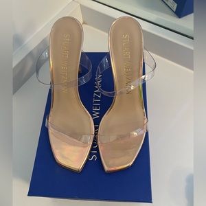 Stuart Weitzman • Aleena 100 Square-Toe Heel • Clear/Rose (Nude) • Size: 9